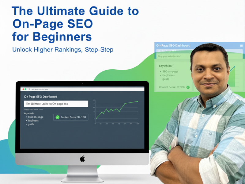 On-page SEO beginner guide illustration with computer and SEO elements